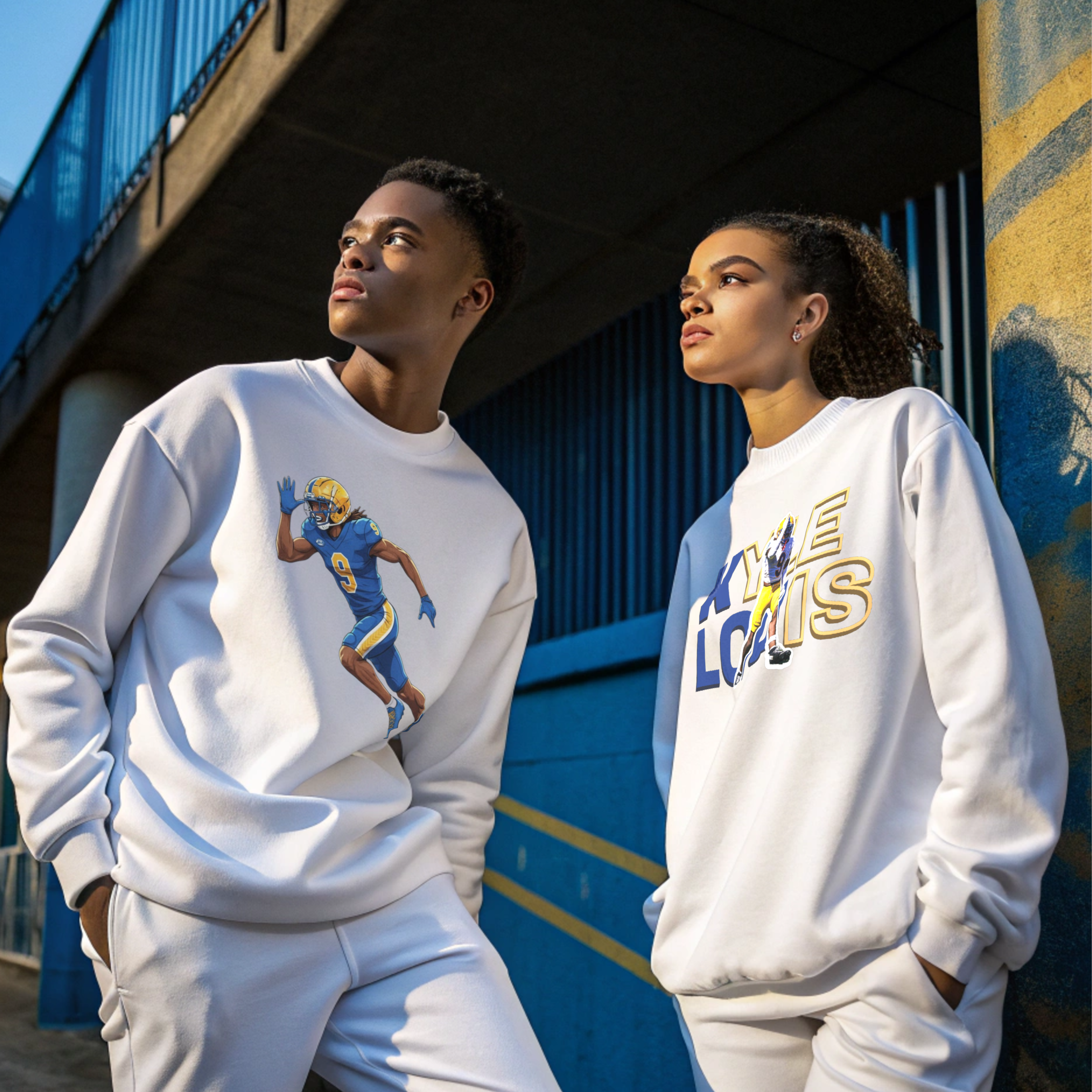 Two people wearing white sweatshirts with graphics, standing outdoors against a blue wall.